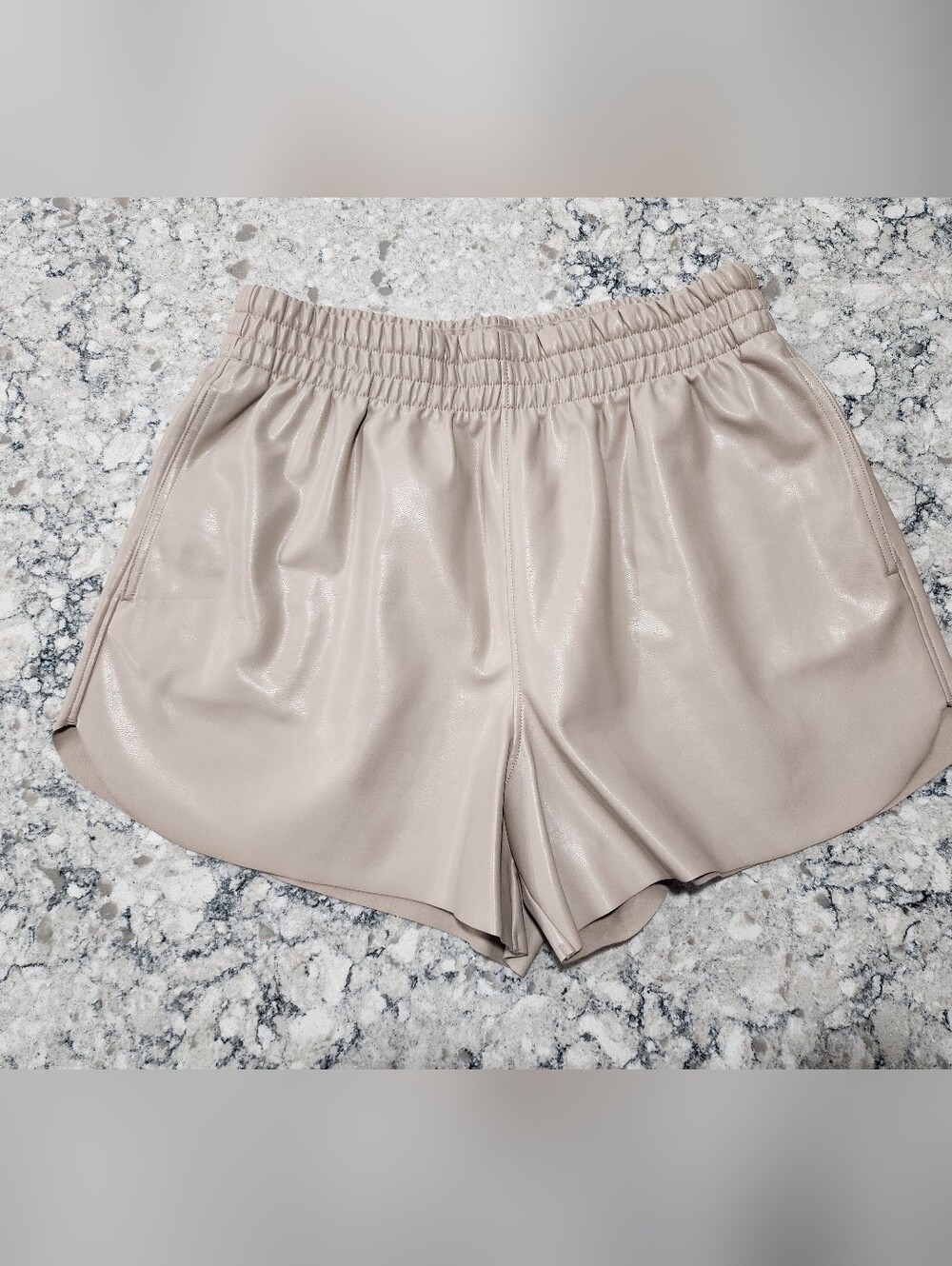 Taupe Vegan Leather Dolphin Hem Shorts Women's Medium